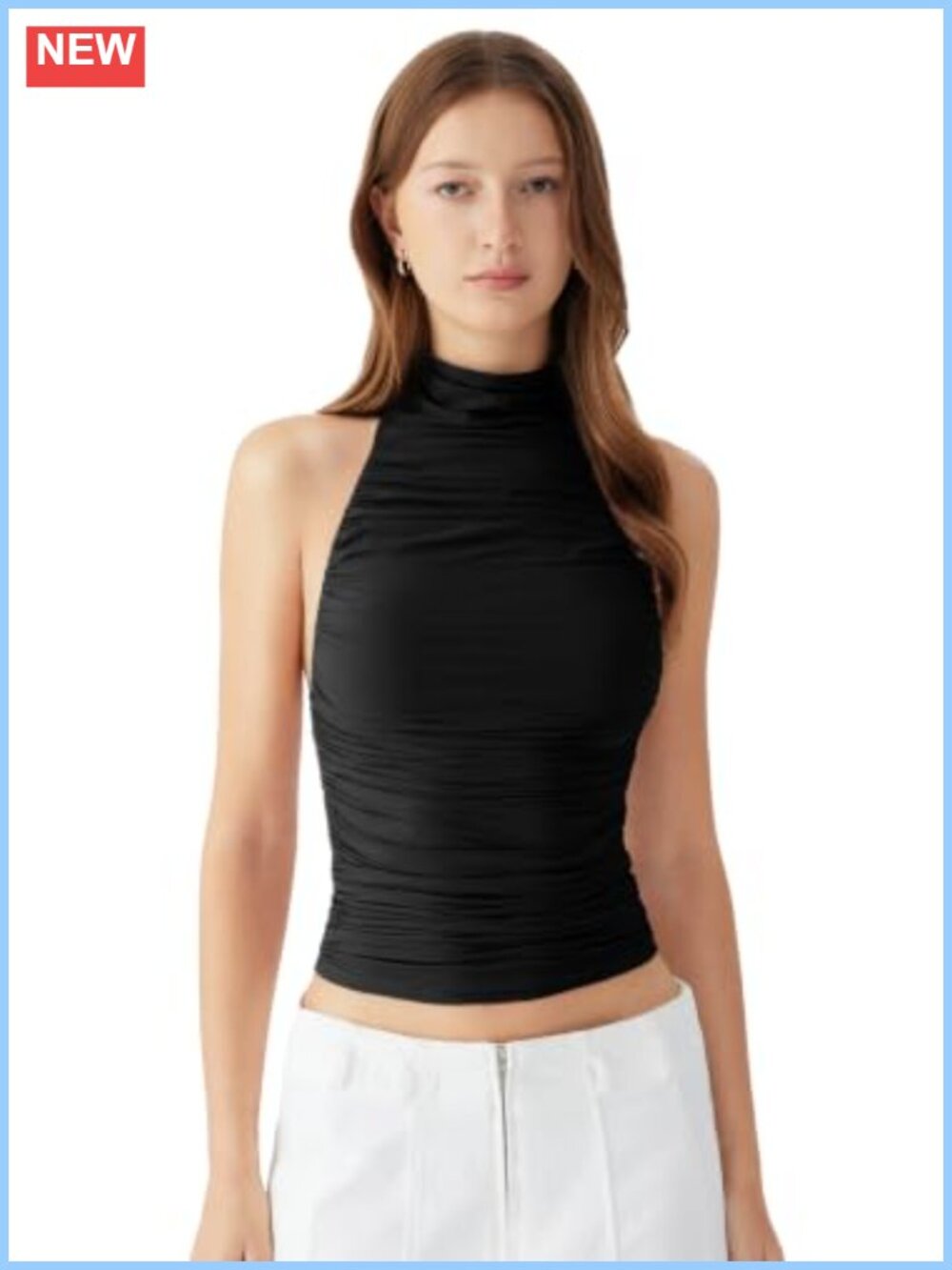 Women Double Lined Halter Turtleneck Padded Ruched Backless Bodycon Tank Top